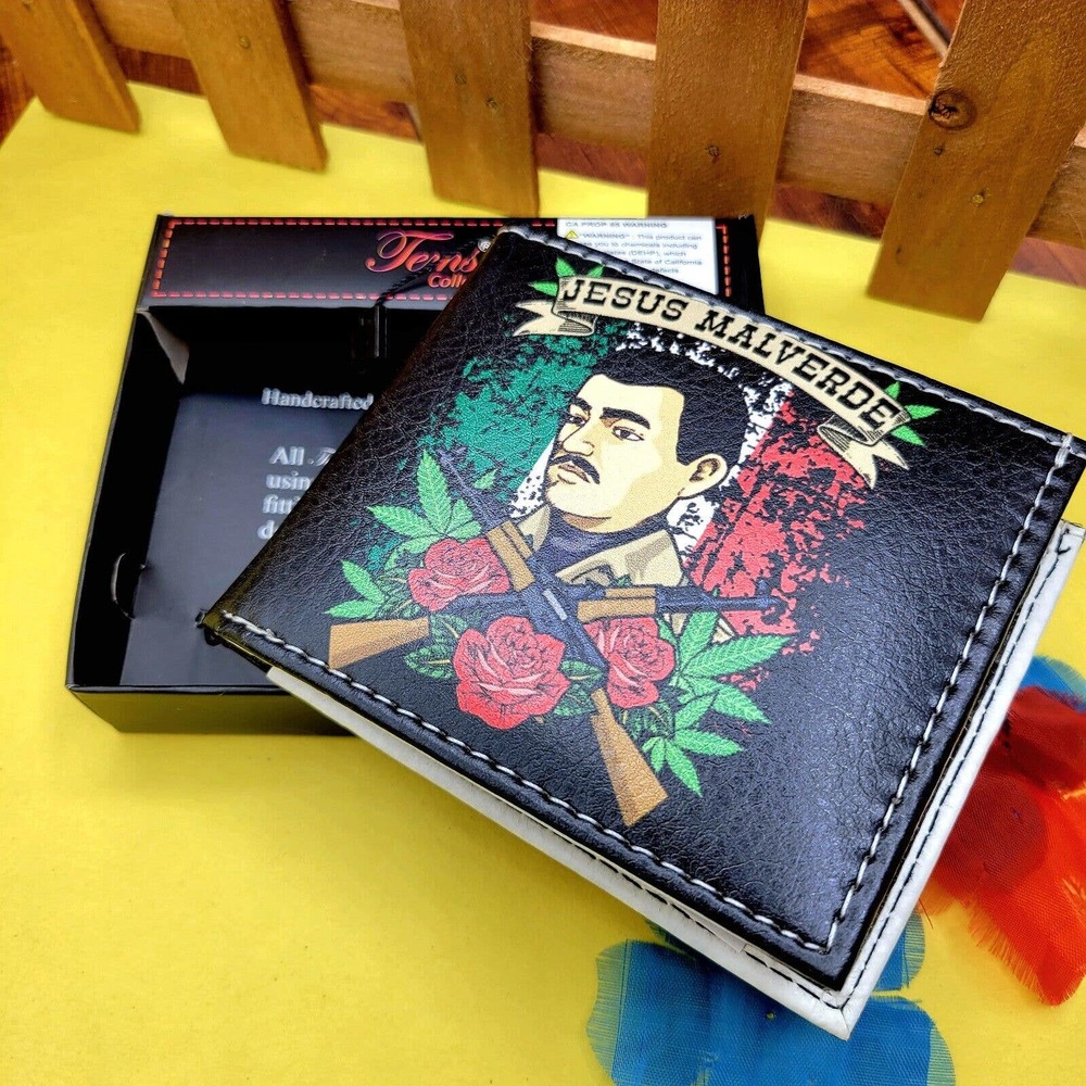 Jesus Malverde Wallet Printed Bi-Fold Faux Leather Handcrafted In Gift Box